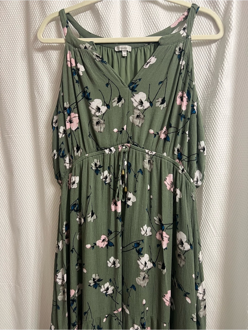 Olive Green Floral Sleeveless V-Neck Dress with pockets - Picture 3 of 8